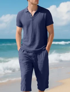 OUKU Men's Polo Shirts Golf Shirt Outdoor Daily Wear Lapel Short Sleeve Fashion Hawaiian Plain 2 Piece Summer Regular Fit Black White Navy Blue Khaki Army Green Light Sky Blue Polo Shirts