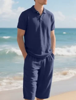 OUKU Men's Polo Shirts Golf Shirt Outdoor Daily Wear Lapel Short Sleeve Fashion Hawaiian Plain 2 Piece Summer Regular Fit Black White Navy Blue Khaki Army Green Light Sky Blue Polo Shirts