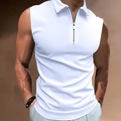 Hot OUKU Men's Polo Shirts Golf Shirt Casual Holiday Lapel Quarter Zip Sleeveless Fashion Basic Plain Quarter Zip Summer Regular Fit White Dark Navy Blue Sky Blue Dark Green Brown Polo Shirts