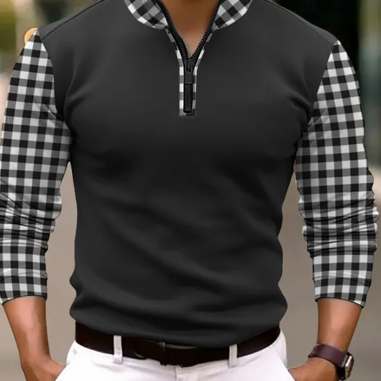 OUKU Men's Polo Shirts Quarter Zip Polo Vacation Work Lapel Long Sleeve Fashion Comfortable Color Block Plaid / Check Zip Up Spring & Fall Regular Fit Black Orange Polo Shirts