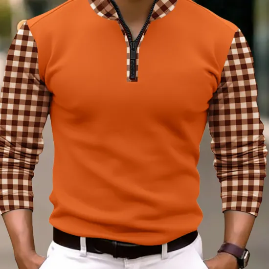 OUKU Men's Polo Shirts Quarter Zip Polo Vacation Work Lapel Long Sleeve Fashion Comfortable Color Block Plaid / Check Zip Up Spring & Fall Regular Fit Black Orange Polo Shirts