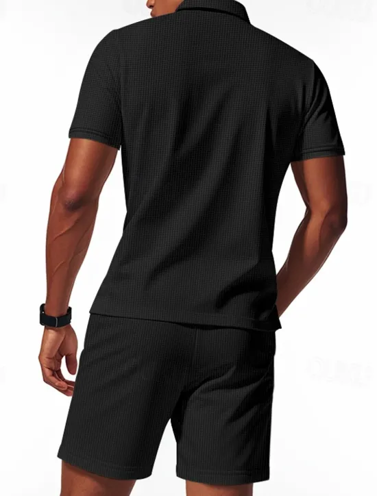 Hot OUKU Men's Polo Shirts Quarter Zip Polo Outdoor Daily Wear Lapel Short Sleeve Fashion Hawaiian Plain 2 Piece Summer Regular Fit Black White Navy Blue Royal Blue Green Khaki Polo Shirts