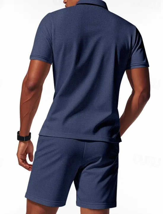 Hot OUKU Men's Polo Shirts Quarter Zip Polo Outdoor Daily Wear Lapel Short Sleeve Fashion Hawaiian Plain 2 Piece Summer Regular Fit Black White Navy Blue Royal Blue Green Khaki Polo Shirts