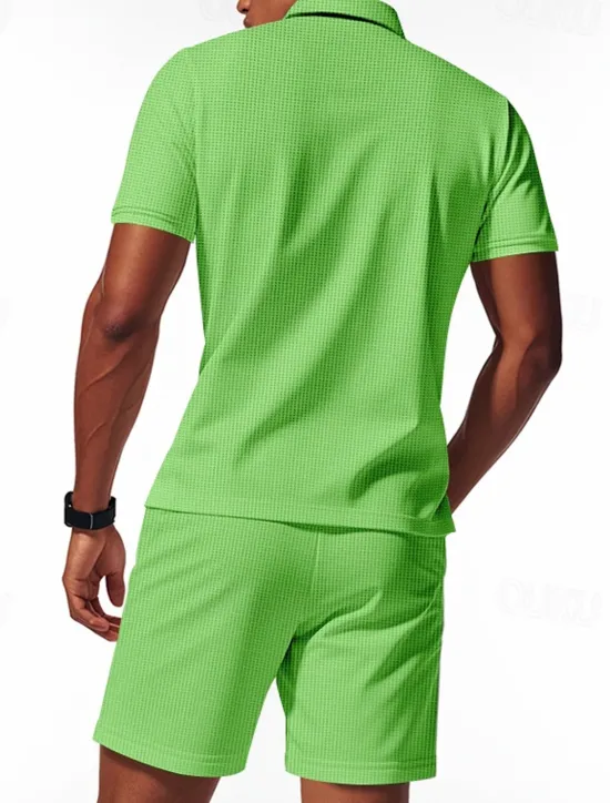 Hot OUKU Men's Polo Shirts Quarter Zip Polo Outdoor Daily Wear Lapel Short Sleeve Fashion Hawaiian Plain 2 Piece Summer Regular Fit Black White Navy Blue Royal Blue Green Khaki Polo Shirts