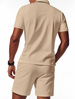 Hot OUKU Men's Polo Shirts Quarter Zip Polo Outdoor Daily Wear Lapel Short Sleeve Fashion Hawaiian Plain 2 Piece Summer Regular Fit Black White Navy Blue Royal Blue Green Khaki Polo Shirts