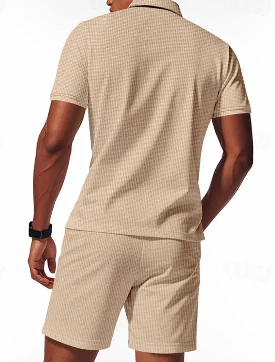 Hot OUKU Men's Polo Shirts Quarter Zip Polo Outdoor Daily Wear Lapel Short Sleeve Fashion Hawaiian Plain 2 Piece Summer Regular Fit Black White Navy Blue Royal Blue Green Khaki Polo Shirts