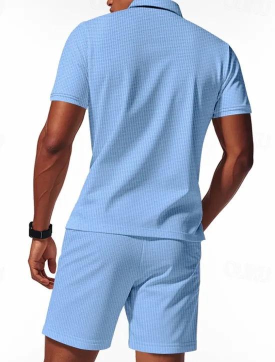 Hot OUKU Men's Polo Shirts Quarter Zip Polo Outdoor Daily Wear Lapel Short Sleeve Fashion Hawaiian Plain 2 Piece Summer Regular Fit Black White Navy Blue Royal Blue Green Khaki Polo Shirts