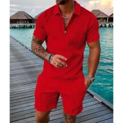 OUKU Men's Polo Shirts Set Going out golf shirts Quarter Zip Short Sleeve Streetwear Sportswear Waves Textured Zipper Spring & Summer Slim Black Yellow Pink Red Navy Blue Blue Polo Shirts