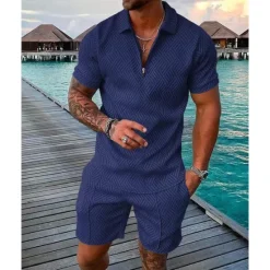OUKU Men's Polo Shirts Set Going out golf shirts Quarter Zip Short Sleeve Streetwear Sportswear Waves Textured Zipper Spring & Summer Slim Black Yellow Pink Red Navy Blue Blue Polo Shirts