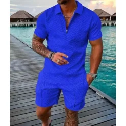 OUKU Men's Polo Shirts Set Going out golf shirts Quarter Zip Short Sleeve Streetwear Sportswear Waves Textured Zipper Spring & Summer Slim Black Yellow Pink Red Navy Blue Blue Polo Shirts