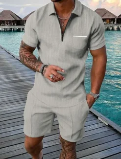 Sale OUKU Men's Polo Shirts Zip Polo Outdoor Daily Wear Lapel Short Sleeve Fashion Hawaiian Plain Pocket 2 Piece Summer Regular Fit Black Brown Apricot Gray Polo Shirts