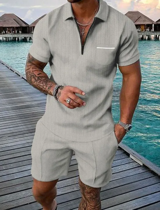 Sale OUKU Men's Polo Shirts Zip Polo Outdoor Daily Wear Lapel Short Sleeve Fashion Hawaiian Plain Pocket 2 Piece Summer Regular Fit Black Brown Apricot Gray Polo Shirts