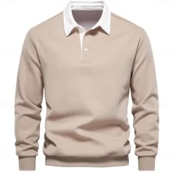 Sale OUKU Men's Polo Sweatshirt Apricot Black Yellow Red Navy Blue Polo Collar Plain Casual Daily Sports non-printing Cool Casual Fleeced Spring & Fall Clothing Apparel Hoodies Sweatshirts Long Sleeve