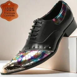 Online OUKU Men's Premium Leather Dress Shoes with Gold Tip Multicolor Snake-Pattern and Studded Detail–Stylish Formal Footwear for Special Occasions Black