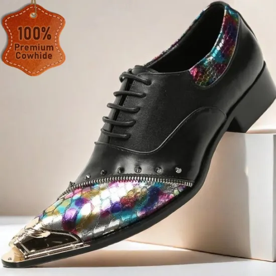 Online OUKU Men's Premium Leather Dress Shoes with Gold Tip Multicolor Snake-Pattern and Studded Detail–Stylish Formal Footwear for Special Occasions Black