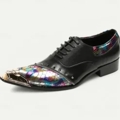 Online OUKU Men's Premium Leather Dress Shoes with Gold Tip Multicolor Snake-Pattern and Studded Detail–Stylish Formal Footwear for Special Occasions Black