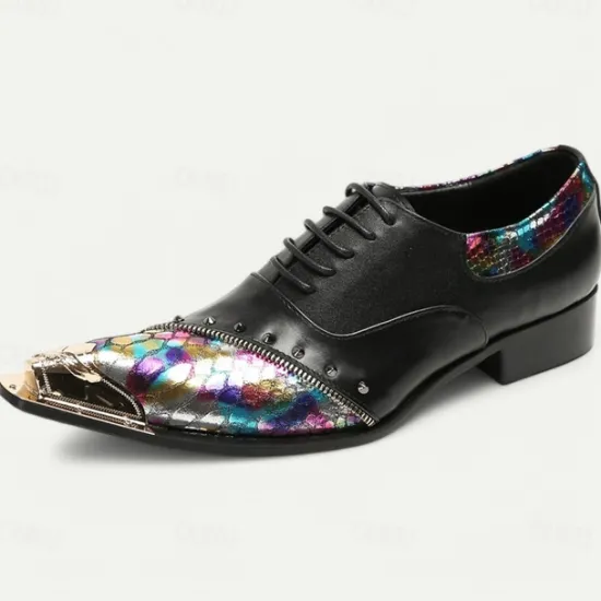Online OUKU Men's Premium Leather Dress Shoes with Gold Tip Multicolor Snake-Pattern and Studded Detail–Stylish Formal Footwear for Special Occasions Black