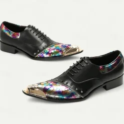 Online OUKU Men's Premium Leather Dress Shoes with Gold Tip Multicolor Snake-Pattern and Studded Detail–Stylish Formal Footwear for Special Occasions Black
