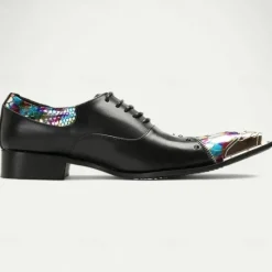 Online OUKU Men's Premium Leather Dress Shoes with Gold Tip Multicolor Snake-Pattern and Studded Detail–Stylish Formal Footwear for Special Occasions Black