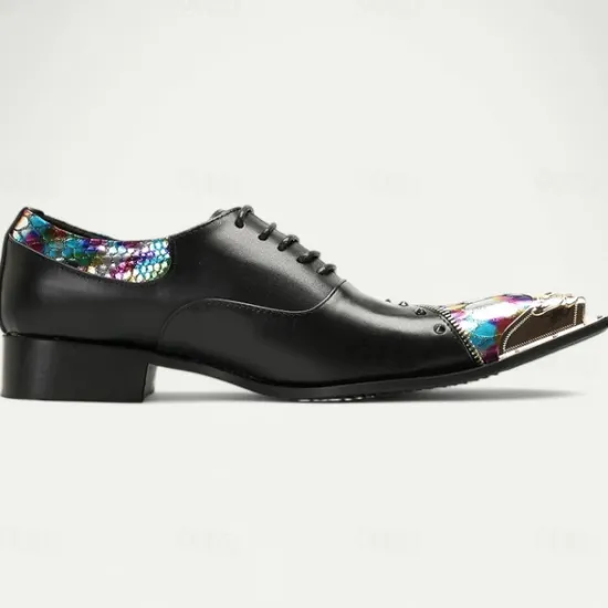 Online OUKU Men's Premium Leather Dress Shoes with Gold Tip Multicolor Snake-Pattern and Studded Detail–Stylish Formal Footwear for Special Occasions Black