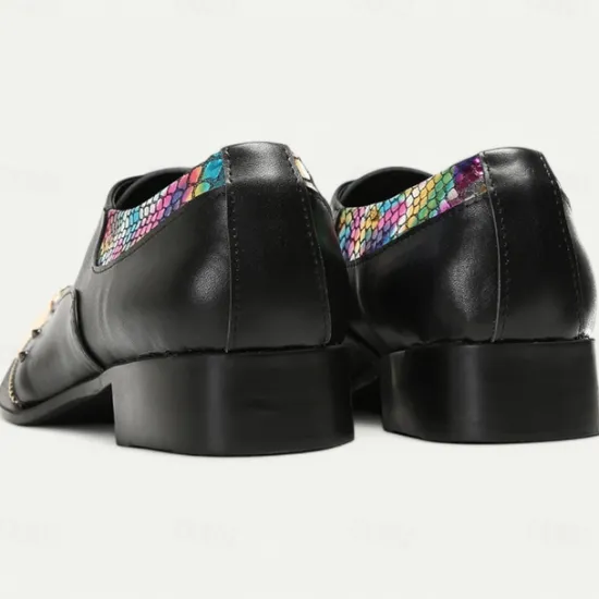 Online OUKU Men's Premium Leather Dress Shoes with Gold Tip Multicolor Snake-Pattern and Studded Detail–Stylish Formal Footwear for Special Occasions Black