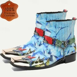 Clearance OUKU Men's Premium Cowhide Leather Ankle Boots – Colorful Snake Print and Metallic Toe Western Style Motorcycle Boots Blue