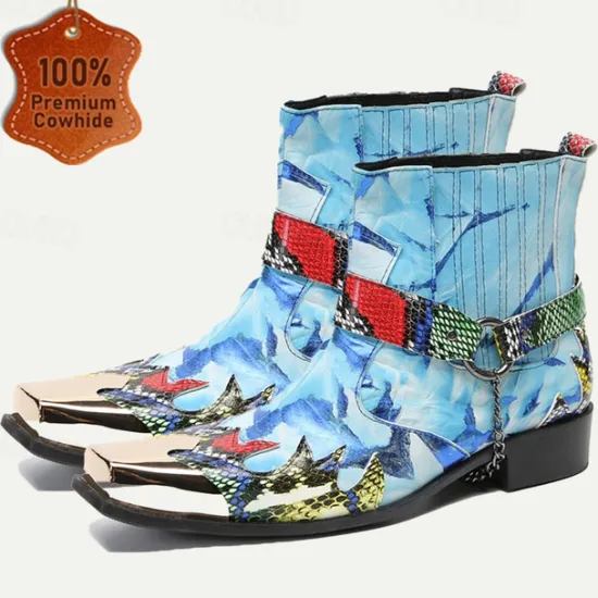 Clearance OUKU Men's Premium Cowhide Leather Ankle Boots – Colorful Snake Print and Metallic Toe Western Style Motorcycle Boots Blue