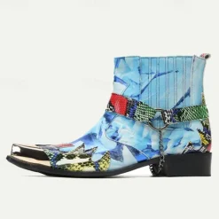 Clearance OUKU Men's Premium Cowhide Leather Ankle Boots – Colorful Snake Print and Metallic Toe Western Style Motorcycle Boots Blue
