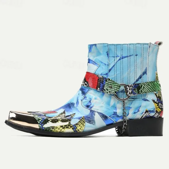 Clearance OUKU Men's Premium Cowhide Leather Ankle Boots – Colorful Snake Print and Metallic Toe Western Style Motorcycle Boots Blue