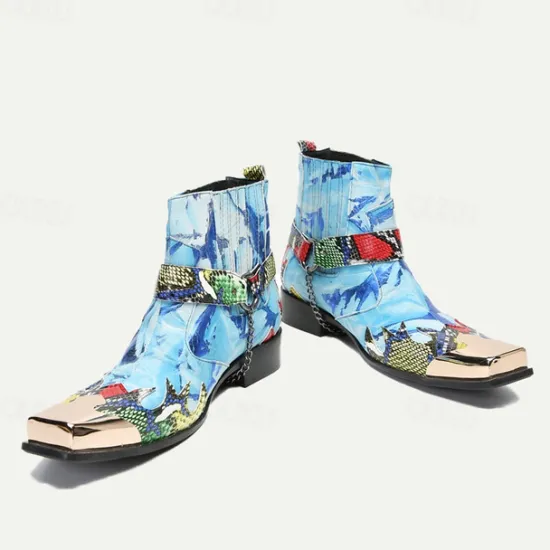 Clearance OUKU Men's Premium Cowhide Leather Ankle Boots – Colorful Snake Print and Metallic Toe Western Style Motorcycle Boots Blue
