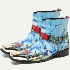 Clearance OUKU Men's Premium Cowhide Leather Ankle Boots – Colorful Snake Print and Metallic Toe Western Style Motorcycle Boots Blue