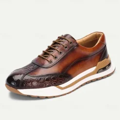 Clearance OUKU Men's Premium Cowhide Leather Sneakers with Crocodile Texture and Lace-Up Design – Casual Athletic Shoes for Everyday Wear
