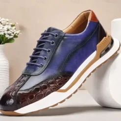 Clearance OUKU Men's Premium Cowhide Leather Sneakers with Crocodile Texture and Lace-Up Design – Casual Athletic Shoes for Everyday Wear