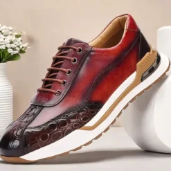 Clearance OUKU Men's Premium Cowhide Leather Sneakers with Crocodile Texture and Lace-Up Design – Casual Athletic Shoes for Everyday Wear
