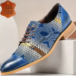 Hot OUKU Men's Premium Cowhide Leather Oxford Shoes with Snake Print – Casual Dress Shoes for Formal & Party Occasions Blue