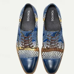 Hot OUKU Men's Premium Cowhide Leather Oxford Shoes with Snake Print – Casual Dress Shoes for Formal & Party Occasions Blue