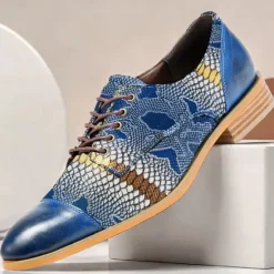 Hot OUKU Men's Premium Cowhide Leather Oxford Shoes with Snake Print – Casual Dress Shoes for Formal & Party Occasions Blue