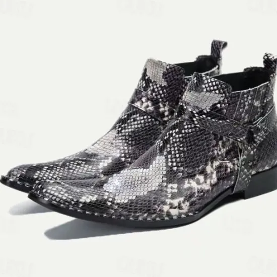 Best OUKU Men's Premium Cowhide Leather Ankle Boots with Snakeskin Pattern – Stylish Western Motorcycle Boots for Biker Events and Casual Wear Black