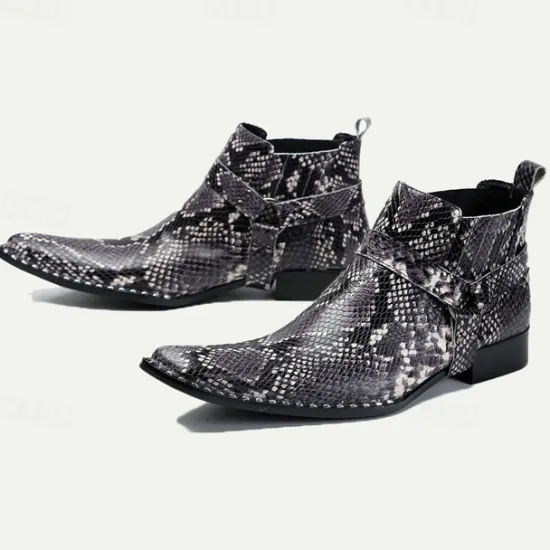 Best OUKU Men's Premium Cowhide Leather Ankle Boots with Snakeskin Pattern – Stylish Western Motorcycle Boots for Biker Events and Casual Wear Black