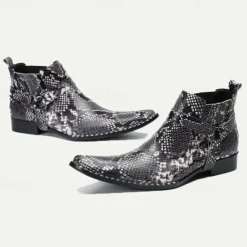 Best OUKU Men's Premium Cowhide Leather Ankle Boots with Snakeskin Pattern – Stylish Western Motorcycle Boots for Biker Events and Casual Wear Black