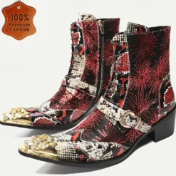 New OUKU Men's Premium Cowhide Leather Lace-Up Motorcycle Boots with Gold Tip Dragon Buckle, Snakeskin and Sequin Pattern–Bold Western Style for Biker Events and Cosplay Dark Red