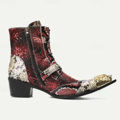 New OUKU Men's Premium Cowhide Leather Lace-Up Motorcycle Boots with Gold Tip Dragon Buckle, Snakeskin and Sequin Pattern–Bold Western Style for Biker Events and Cosplay Dark Red