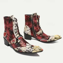 New OUKU Men's Premium Cowhide Leather Lace-Up Motorcycle Boots with Gold Tip Dragon Buckle, Snakeskin and Sequin Pattern–Bold Western Style for Biker Events and Cosplay Dark Red