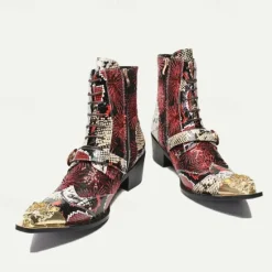 New OUKU Men's Premium Cowhide Leather Lace-Up Motorcycle Boots with Gold Tip Dragon Buckle, Snakeskin and Sequin Pattern–Bold Western Style for Biker Events and Cosplay Dark Red