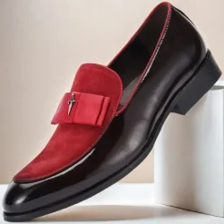New OUKU Men's Premium Cowhide Loafers with Red Suede Accent and Bow Detail – Luxury Formal Slip-On Dress Shoes Wine