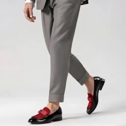 New OUKU Men's Premium Cowhide Loafers with Red Suede Accent and Bow Detail – Luxury Formal Slip-On Dress Shoes Wine