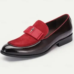 New OUKU Men's Premium Cowhide Loafers with Red Suede Accent and Bow Detail – Luxury Formal Slip-On Dress Shoes Wine