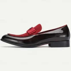 New OUKU Men's Premium Cowhide Loafers with Red Suede Accent and Bow Detail – Luxury Formal Slip-On Dress Shoes Wine