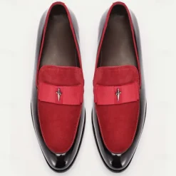 New OUKU Men's Premium Cowhide Loafers with Red Suede Accent and Bow Detail – Luxury Formal Slip-On Dress Shoes Wine