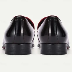 New OUKU Men's Premium Cowhide Loafers with Red Suede Accent and Bow Detail – Luxury Formal Slip-On Dress Shoes Wine